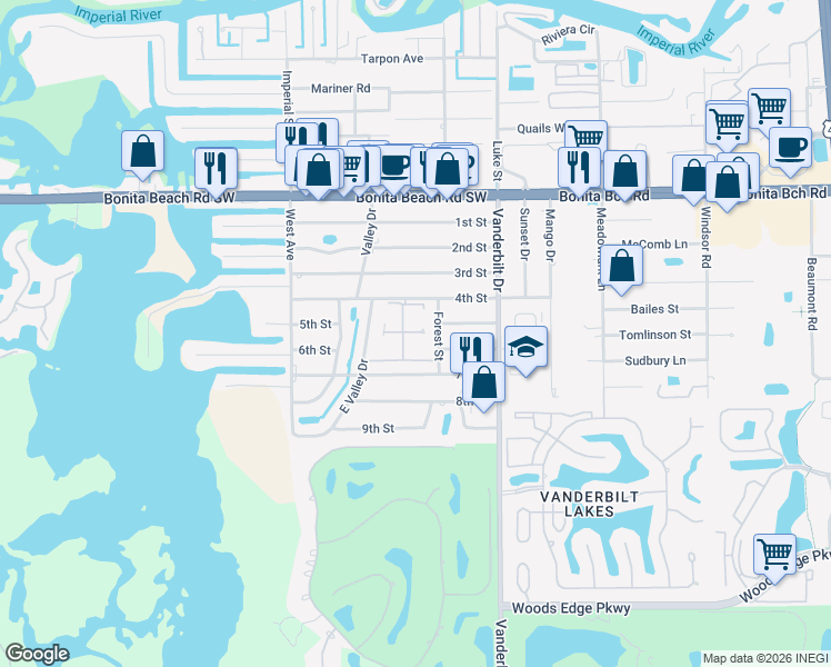 map of restaurants, bars, coffee shops, grocery stores, and more near 101 Maurys Way in Bonita Springs