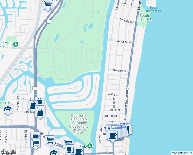 map of restaurants, bars, coffee shops, grocery stores, and more near 581 East Alexander Palm Road in Boca Raton