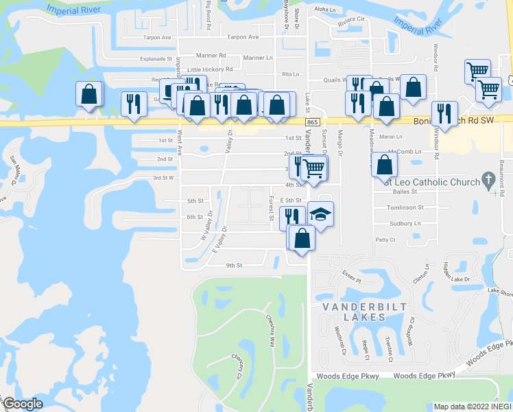 map of restaurants, bars, coffee shops, grocery stores, and more near 101 Maurys Way in Bonita Springs
