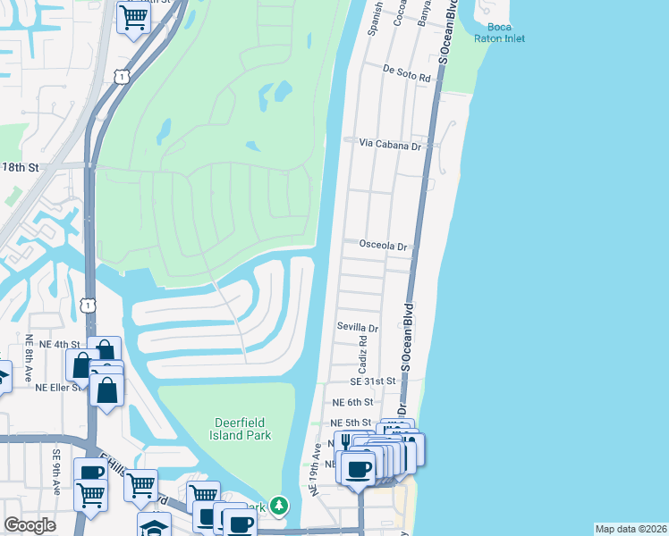 map of restaurants, bars, coffee shops, grocery stores, and more near 2551 Spanish River Road in Boca Raton