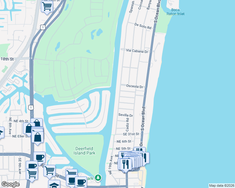 map of restaurants, bars, coffee shops, grocery stores, and more near 2551 Spanish River Road in Boca Raton
