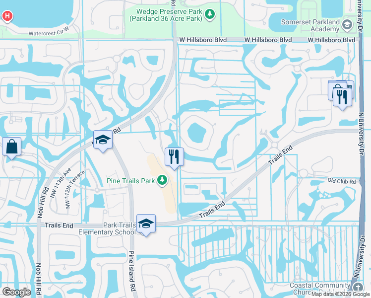 map of restaurants, bars, coffee shops, grocery stores, and more near 10460 South Barnsley Drive in Parkland