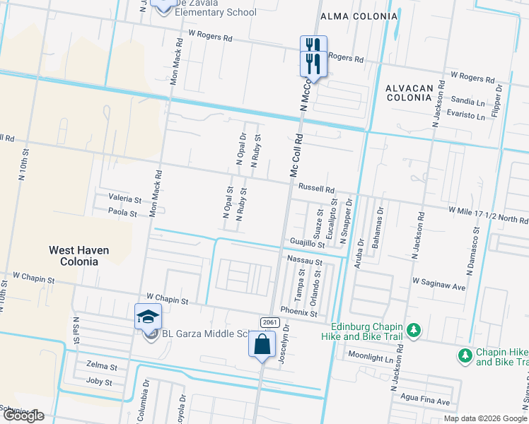 map of restaurants, bars, coffee shops, grocery stores, and more near 2024 North McColl Road in Edinburg