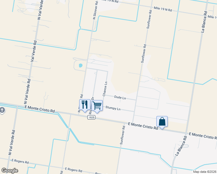 map of restaurants, bars, coffee shops, grocery stores, and more near 21335 Chance Lane in Edinburg