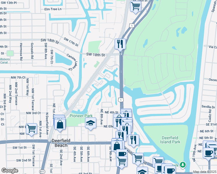 map of restaurants, bars, coffee shops, grocery stores, and more near 549 Northeast 8th Avenue in Deerfield Beach