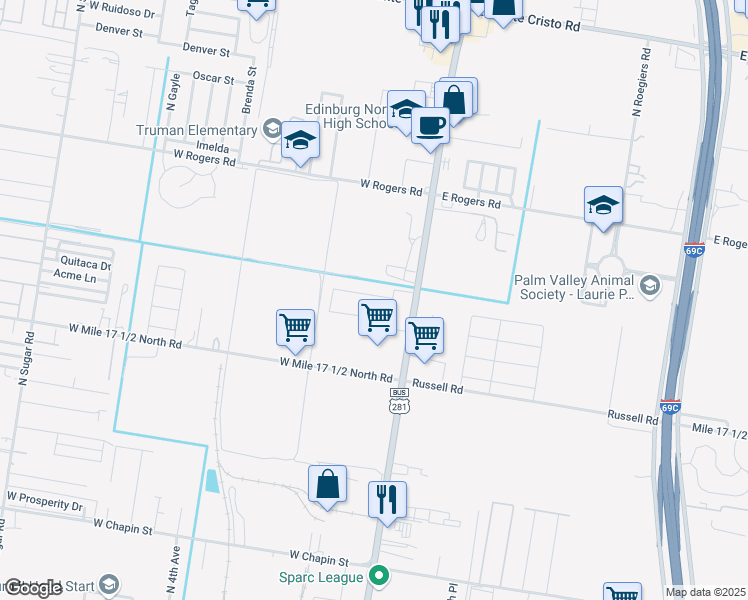 map of restaurants, bars, coffee shops, grocery stores, and more near 2521 North Closner Boulevard in Edinburg
