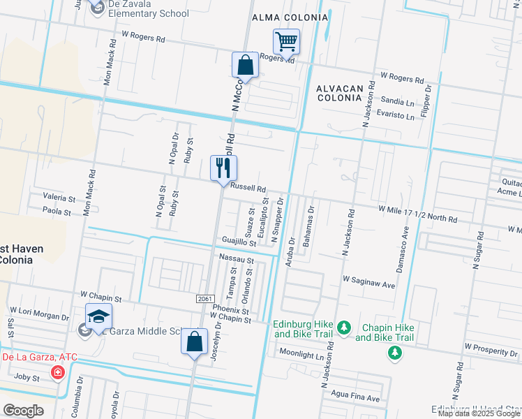 map of restaurants, bars, coffee shops, grocery stores, and more near 2015 Eucalipto Street in Edinburg