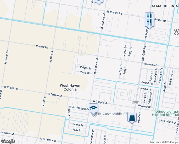 map of restaurants, bars, coffee shops, grocery stores, and more near 3701 Paola Street in Edinburg