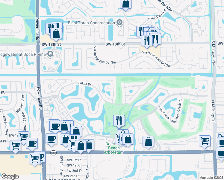 map of restaurants, bars, coffee shops, grocery stores, and more near 2887 Via Venezia in Deerfield Beach