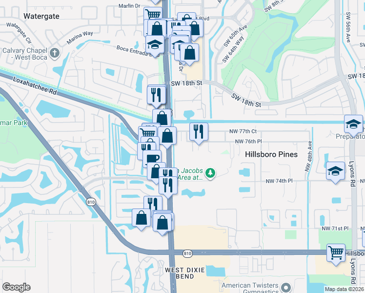map of restaurants, bars, coffee shops, grocery stores, and more near 7660 Northwest 56th Way in Pompano Beach