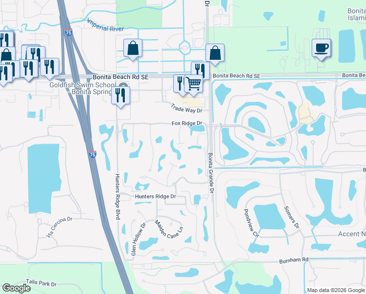 map of restaurants, bars, coffee shops, grocery stores, and more near 28140 Hiram Street in Bonita Springs