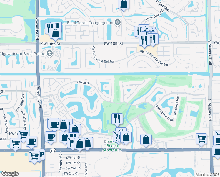 map of restaurants, bars, coffee shops, grocery stores, and more near 2887 Via Venezia in Deerfield Beach