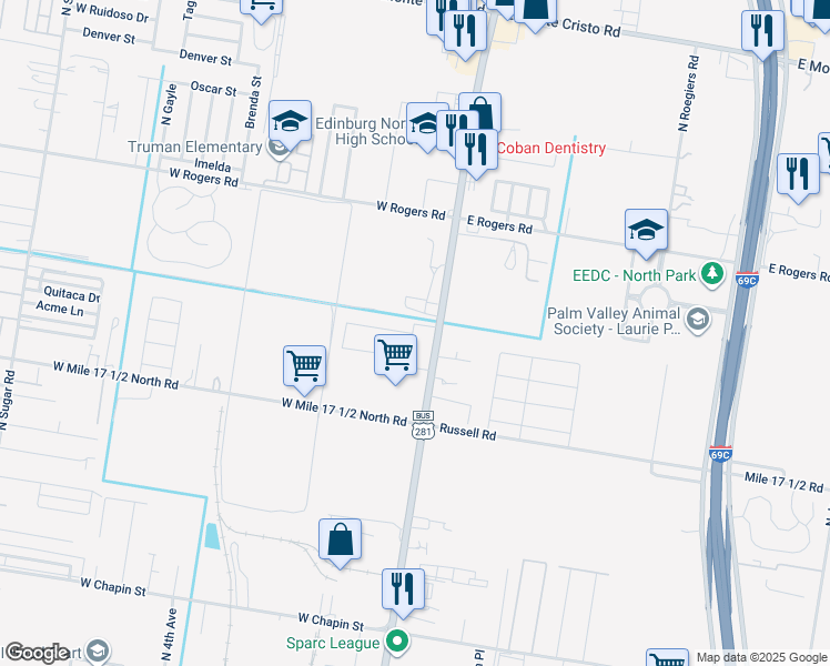 map of restaurants, bars, coffee shops, grocery stores, and more near 212 West Saint Helena Avenue in Edinburg