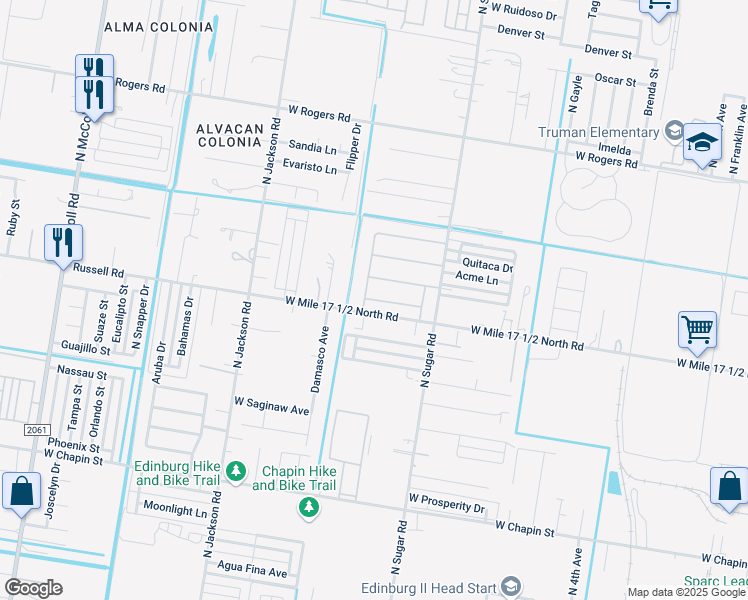 map of restaurants, bars, coffee shops, grocery stores, and more near 1801 West Mile 17 1/2 Road in Edinburg