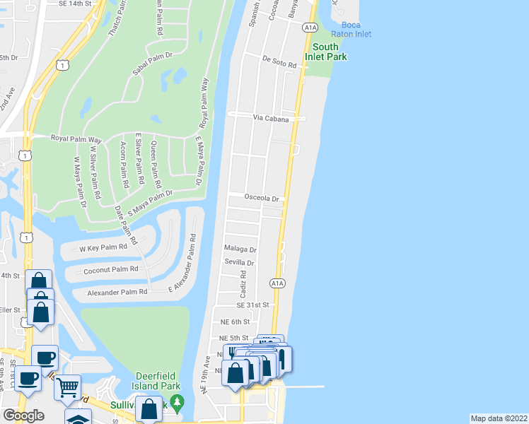 map of restaurants, bars, coffee shops, grocery stores, and more near 10 Osceola Drive in Boca Raton
