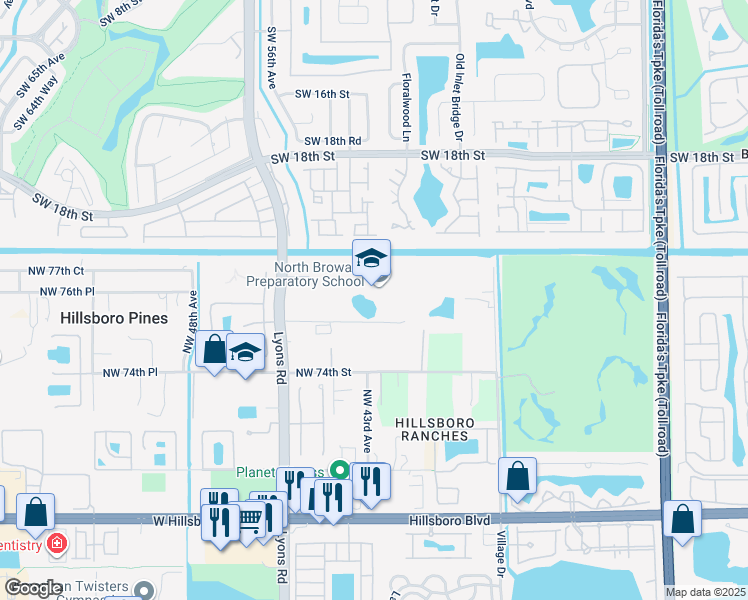 map of restaurants, bars, coffee shops, grocery stores, and more near 7600 Lyons Road in Coconut Creek