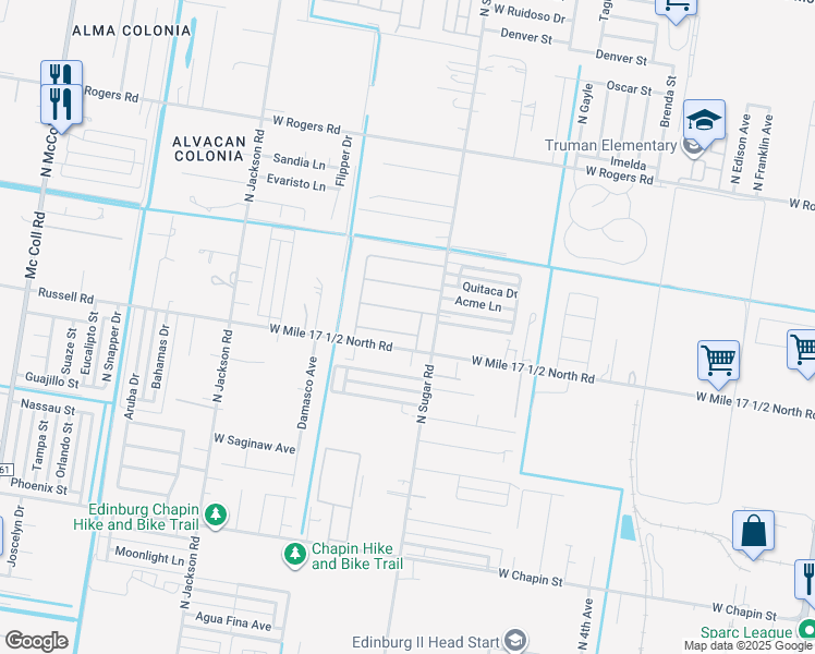 map of restaurants, bars, coffee shops, grocery stores, and more near 1613 West Cortland Street in Edinburg
