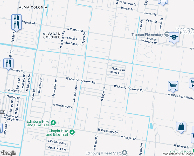 map of restaurants, bars, coffee shops, grocery stores, and more near 1801-1813 West Mile 17 1/2 North Road in Edinburg