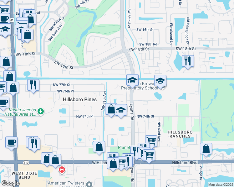 map of restaurants, bars, coffee shops, grocery stores, and more near 7700 Northwest 48th Avenue in Coconut Creek