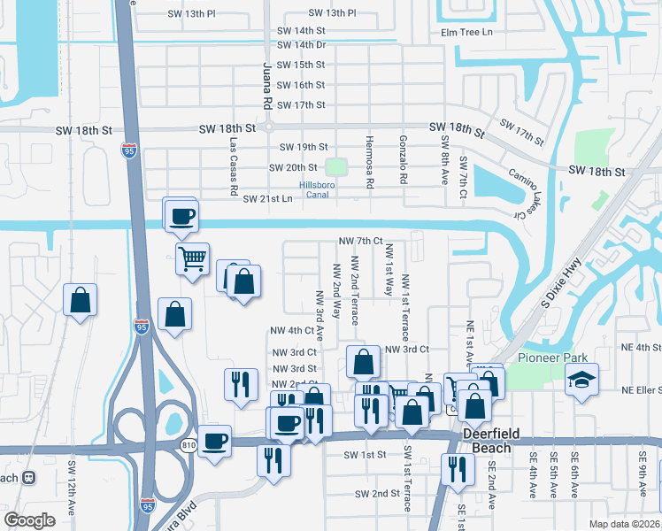 map of restaurants, bars, coffee shops, grocery stores, and more near 673 Northwest 2nd Way in Deerfield Beach