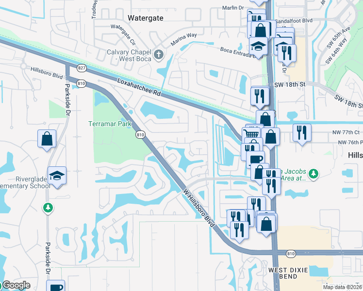 map of restaurants, bars, coffee shops, grocery stores, and more near 7730 Northwest 63rd Way in Parkland