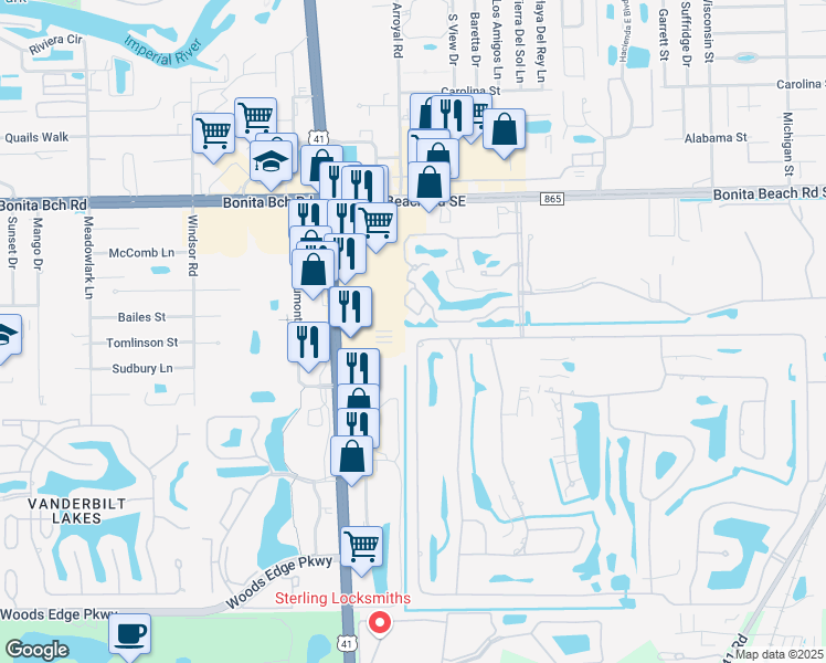 map of restaurants, bars, coffee shops, grocery stores, and more near 9748 Treasure Cay Ln in Bonita Springs