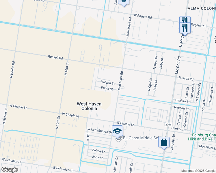 map of restaurants, bars, coffee shops, grocery stores, and more near 3716 Valeria Street in Edinburg
