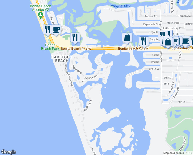 map of restaurants, bars, coffee shops, grocery stores, and more near 68 Southport Cove in Bonita Springs