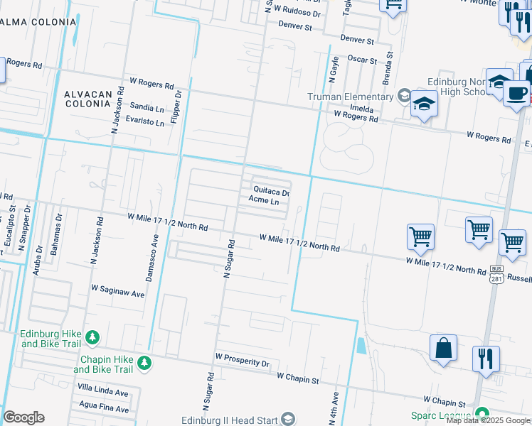 map of restaurants, bars, coffee shops, grocery stores, and more near 1316 Acme Lane in Edinburg