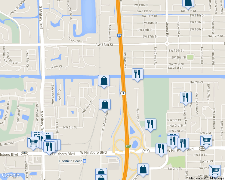 map of restaurants, bars, coffee shops, grocery stores, and more near 640 Jim Moran Blvd in Deerfield Beach