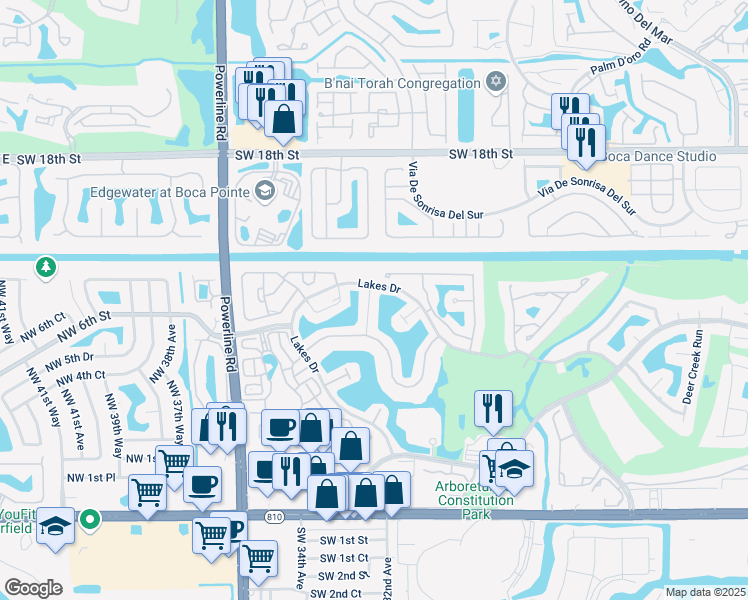 map of restaurants, bars, coffee shops, grocery stores, and more near 3100 Lakes Drive in Deerfield Beach