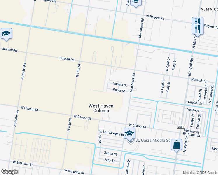 map of restaurants, bars, coffee shops, grocery stores, and more near 3701 Paola Street in Edinburg