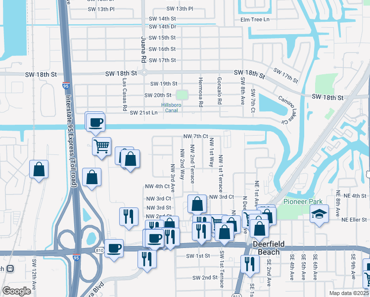 map of restaurants, bars, coffee shops, grocery stores, and more near 673 Northwest 2nd Way in Deerfield Beach