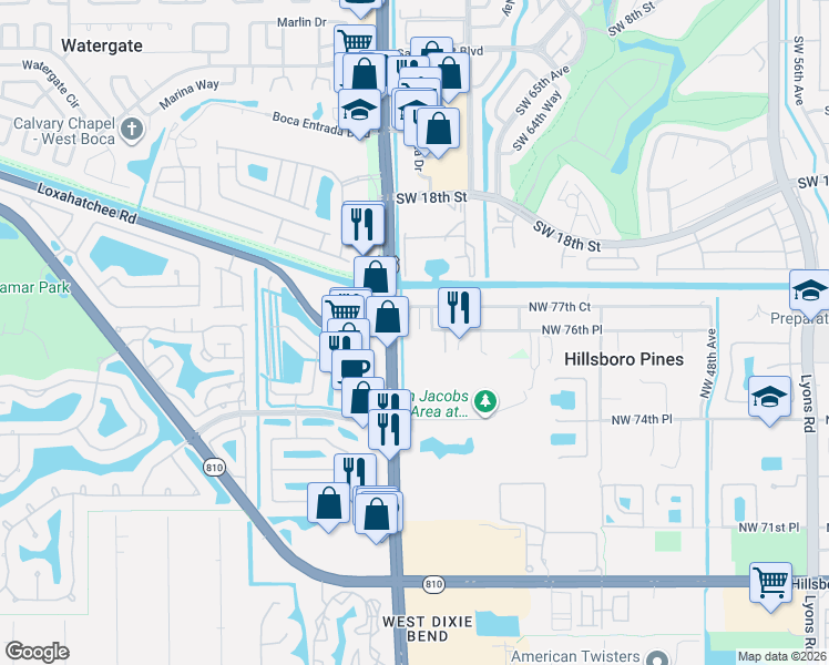 map of restaurants, bars, coffee shops, grocery stores, and more near 7660 Northwest 56th Way in Pompano Beach