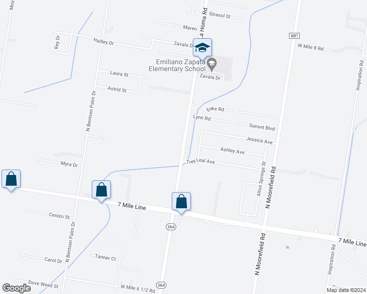 map of restaurants, bars, coffee shops, grocery stores, and more near 8612 North La Homa Road in Mission