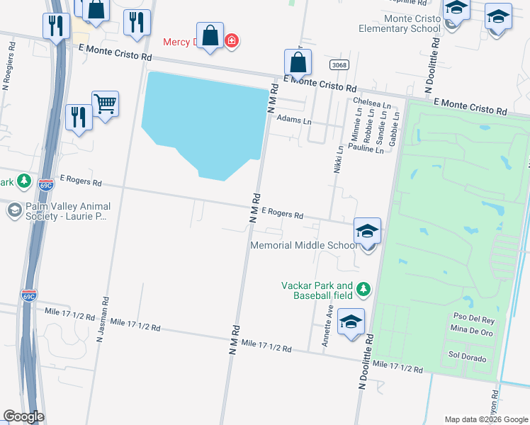 map of restaurants, bars, coffee shops, grocery stores, and more near 2508 East Rogers Road in Edinburg