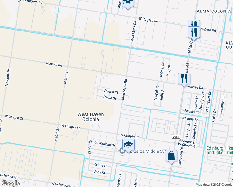 map of restaurants, bars, coffee shops, grocery stores, and more near 3704 Valeria Street in Edinburg