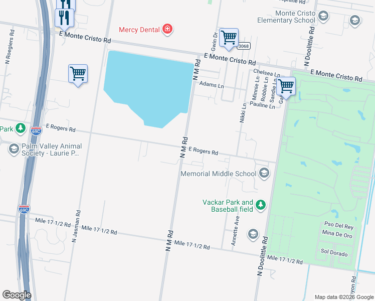 map of restaurants, bars, coffee shops, grocery stores, and more near 2508 East Rogers Road in Edinburg