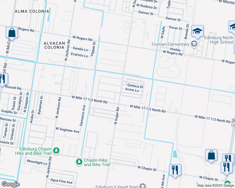 map of restaurants, bars, coffee shops, grocery stores, and more near 1613 West Cortland Street in Edinburg