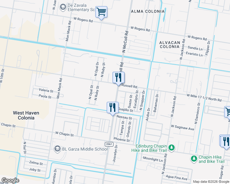 map of restaurants, bars, coffee shops, grocery stores, and more near 2024 North McColl Road in Edinburg