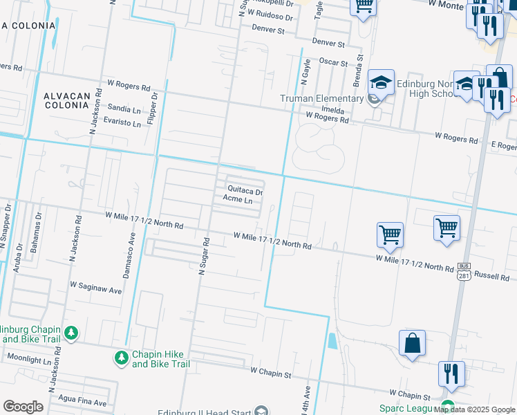map of restaurants, bars, coffee shops, grocery stores, and more near 1304 Acme Lane in Edinburg