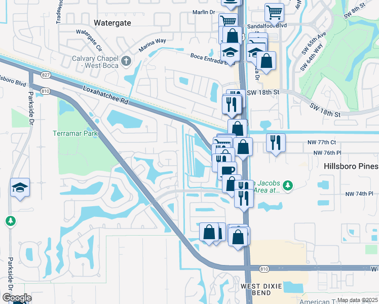 map of restaurants, bars, coffee shops, grocery stores, and more near 7743 Northwest 60th Lane in Parkland