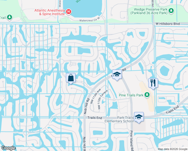 map of restaurants, bars, coffee shops, grocery stores, and more near 7748 Northwest 112th Way in Parkland