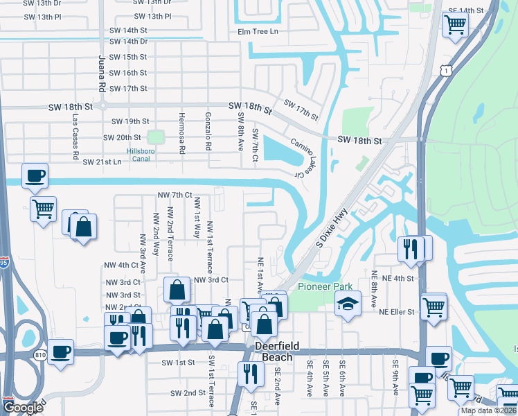 map of restaurants, bars, coffee shops, grocery stores, and more near 49 Northeast 2nd Avenue in Deerfield Beach