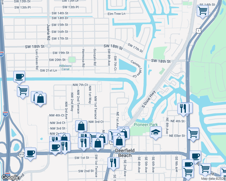 map of restaurants, bars, coffee shops, grocery stores, and more near 49 Northeast 2nd Avenue in Deerfield Beach