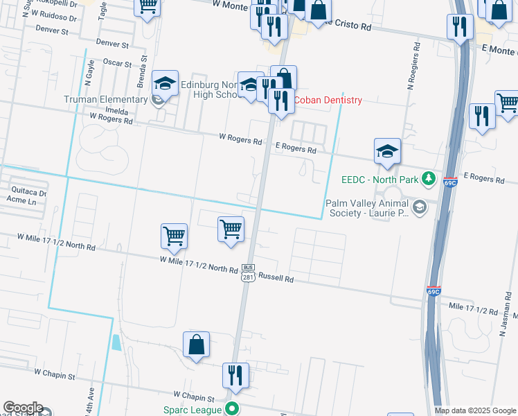 map of restaurants, bars, coffee shops, grocery stores, and more near 2501 North Closner Boulevard in Edinburg