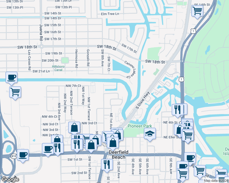 map of restaurants, bars, coffee shops, grocery stores, and more near 157 Northeast 2nd Avenue in Deerfield Beach