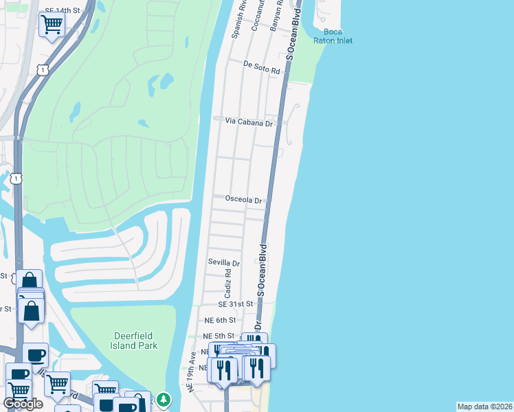 map of restaurants, bars, coffee shops, grocery stores, and more near 10 Osceola Drive in Boca Raton
