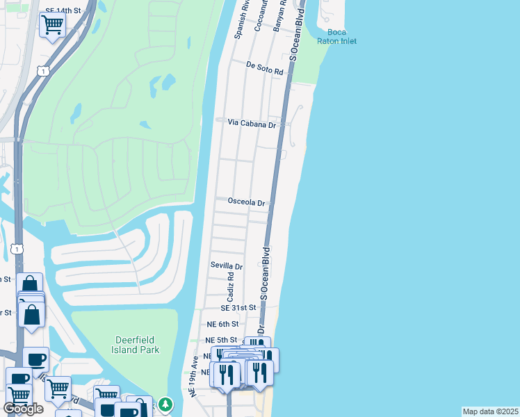 map of restaurants, bars, coffee shops, grocery stores, and more near 10 Osceola Drive in Boca Raton