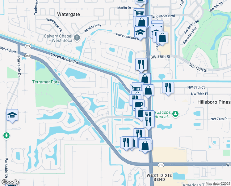 map of restaurants, bars, coffee shops, grocery stores, and more near 7743 Northwest 60th Lane in Parkland